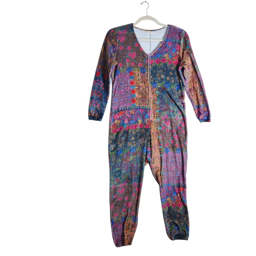 Natural Life Womens Floral Patchwork Fleece Zip Up Jumpsuit Small Multi Color